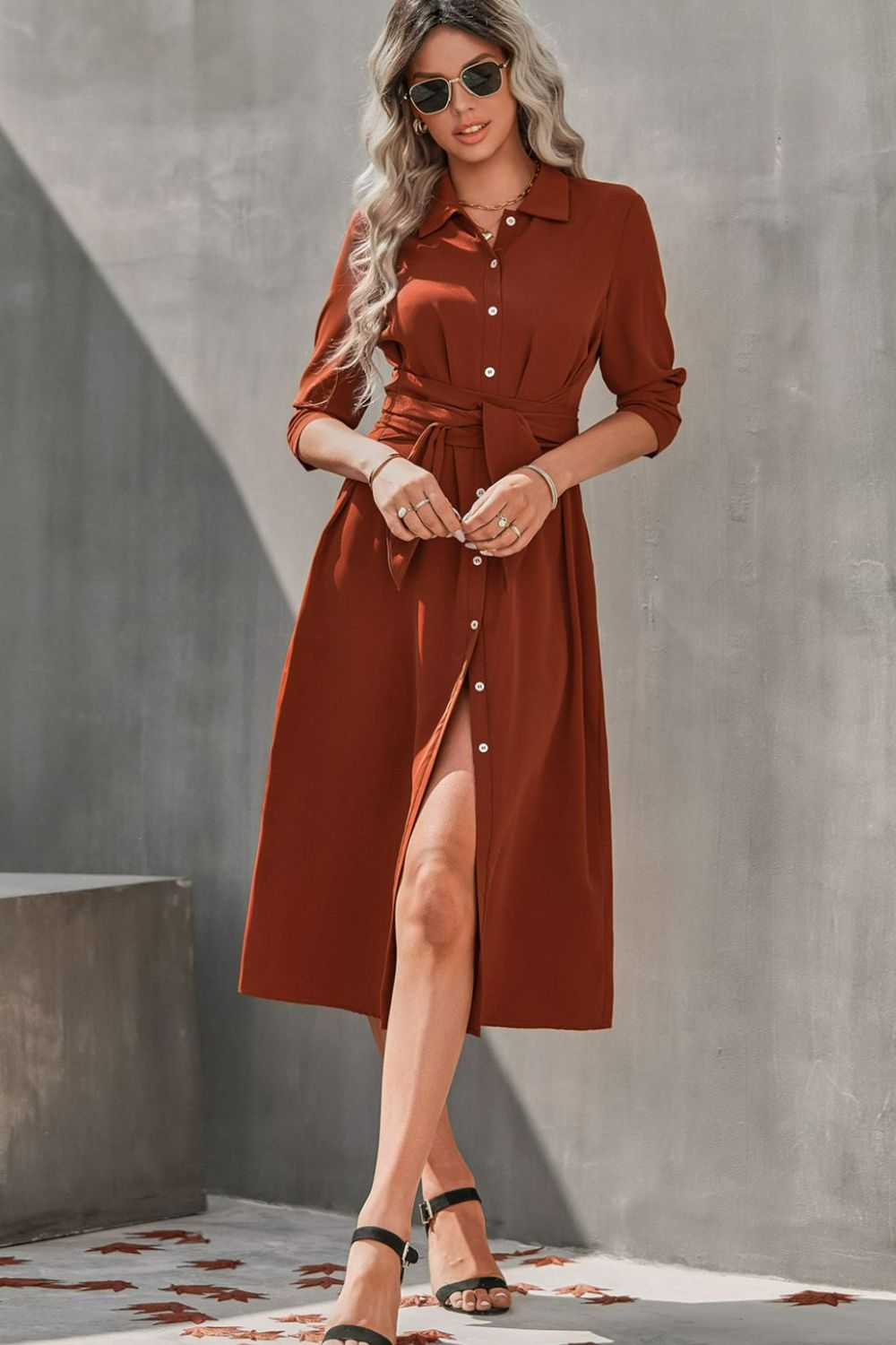 Collared Neck Tie Waist Midi Shirt Dress - DunbiBeauty, LLC