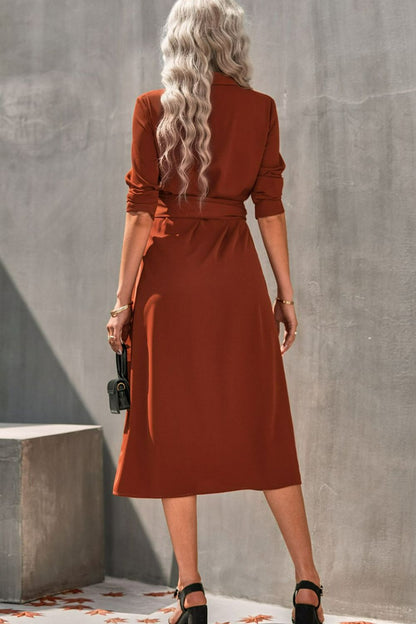 Collared Neck Tie Waist Midi Shirt Dress - DunbiBeauty, LLC