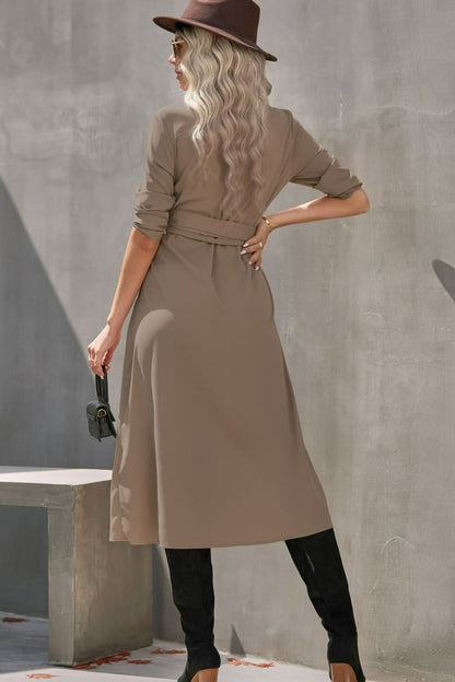 Collared Neck Tie Waist Midi Shirt Dress - DunbiBeauty, LLC