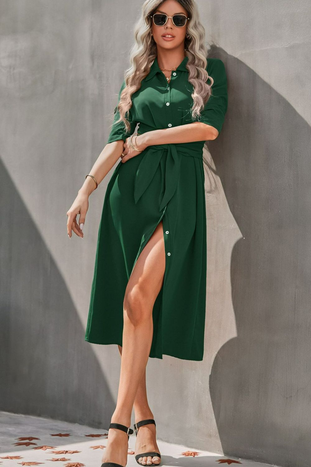 Collared Neck Tie Waist Midi Shirt Dress - DunbiBeauty, LLC