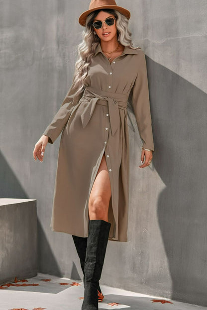 Collared Neck Tie Waist Midi Shirt Dress - DunbiBeauty, LLC