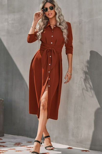 Collared Neck Tie Waist Midi Shirt Dress - DunbiBeauty, LLC