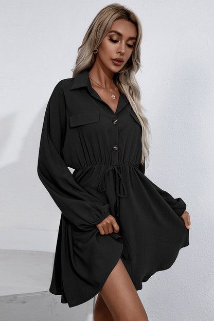 Collared Tie Waist Button Up Shirt Dress - DunbiBeauty, LLC