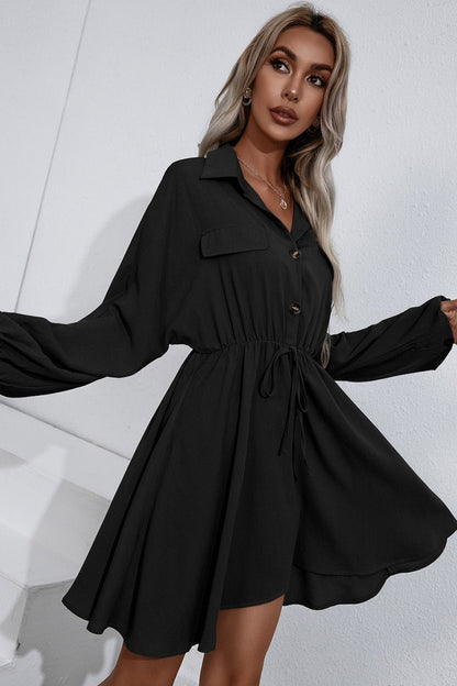 Collared Tie Waist Button Up Shirt Dress - DunbiBeauty, LLC