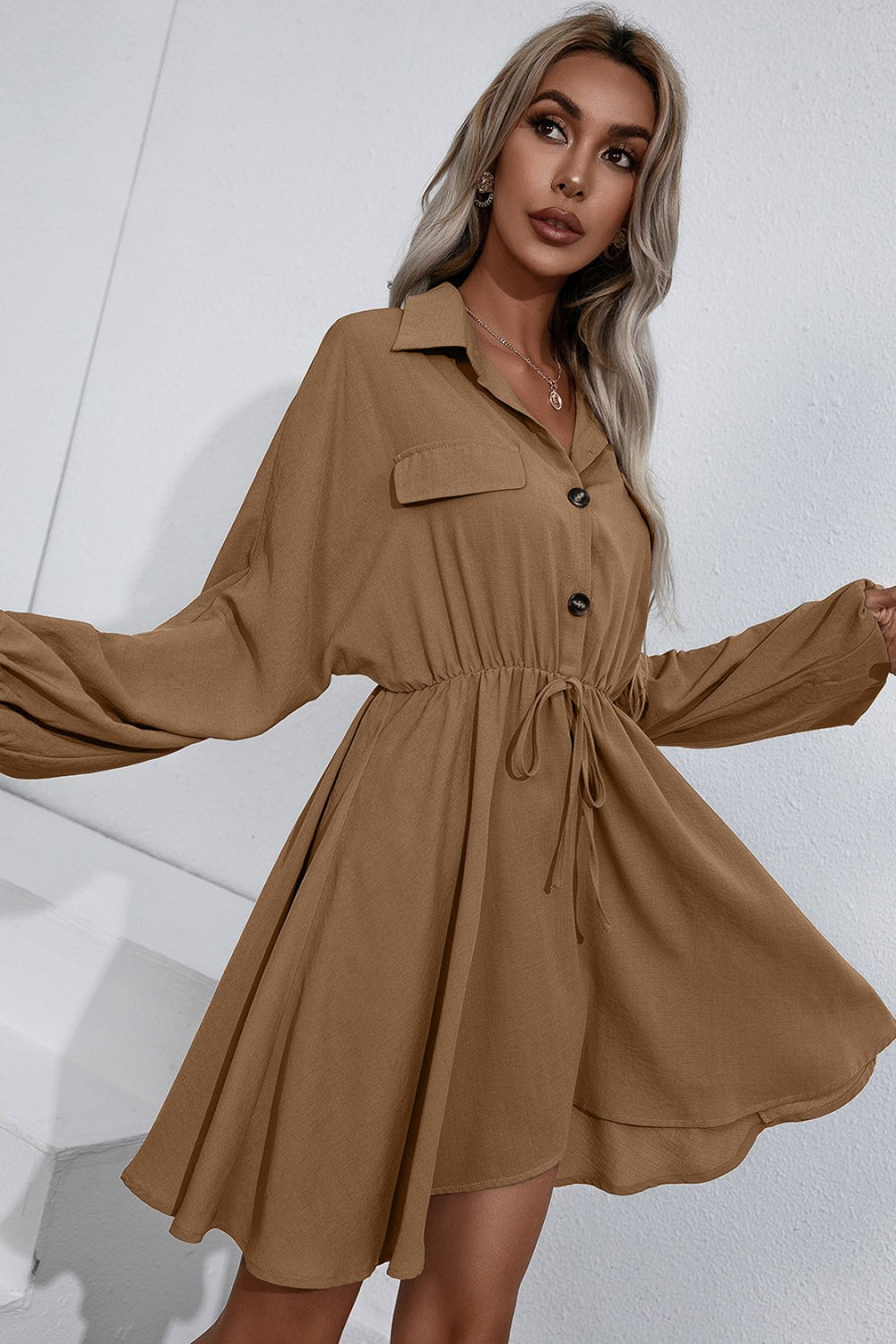 Collared Tie Waist Button Up Shirt Dress - DunbiBeauty, LLC