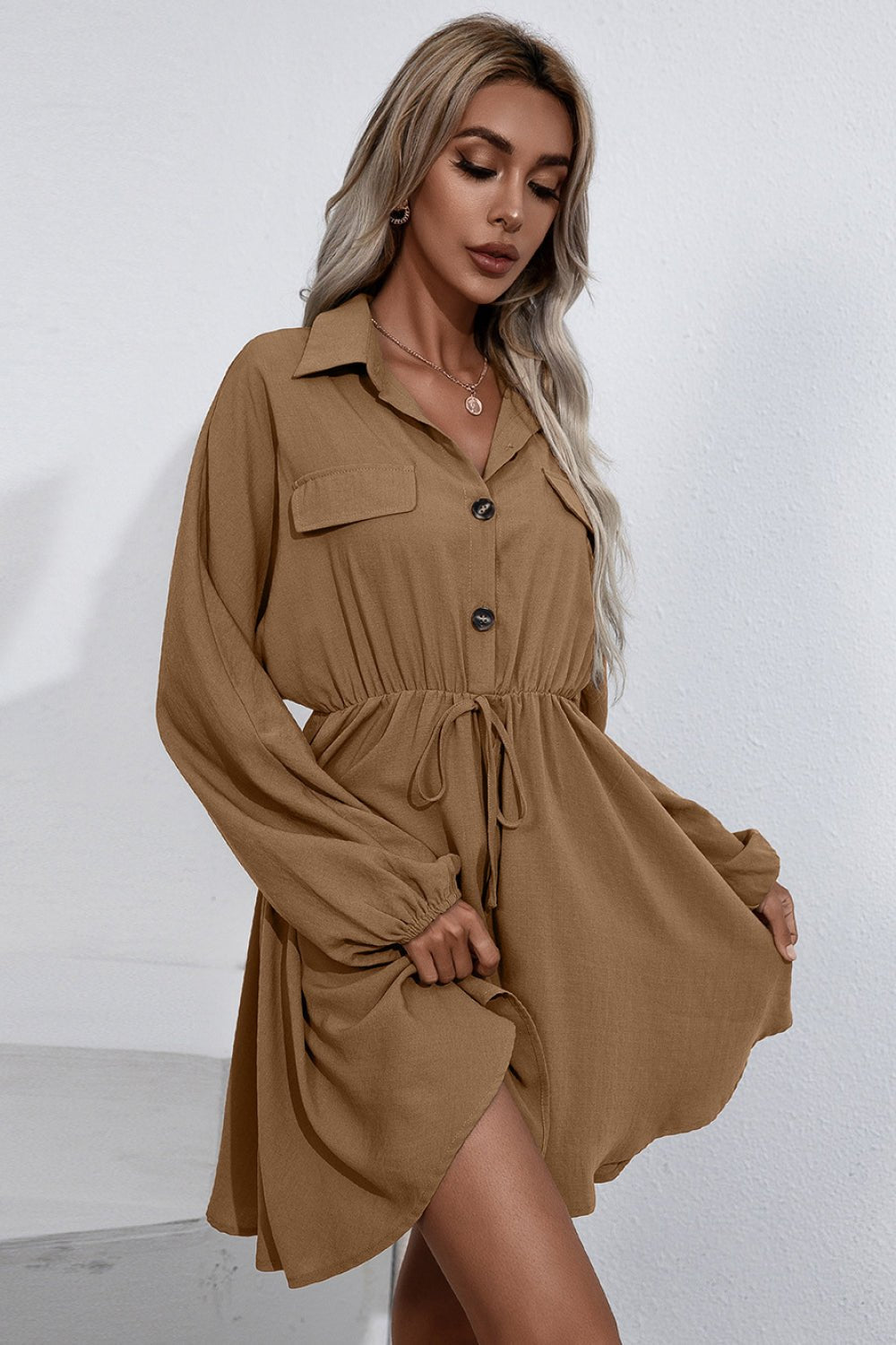 Collared Tie Waist Button Up Shirt Dress - DunbiBeauty, LLC