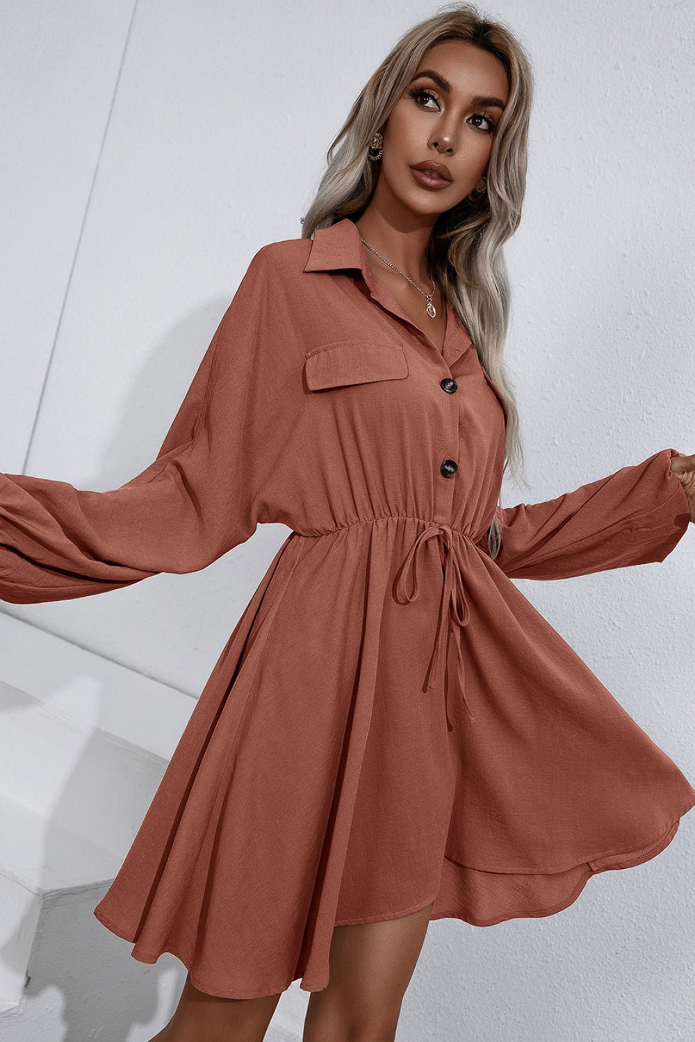 Collared Tie Waist Button Up Shirt Dress - DunbiBeauty, LLC