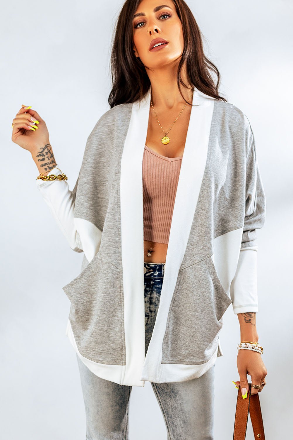 Contrast Open Front Cardigan with Pockets - DunbiBeauty, LLC