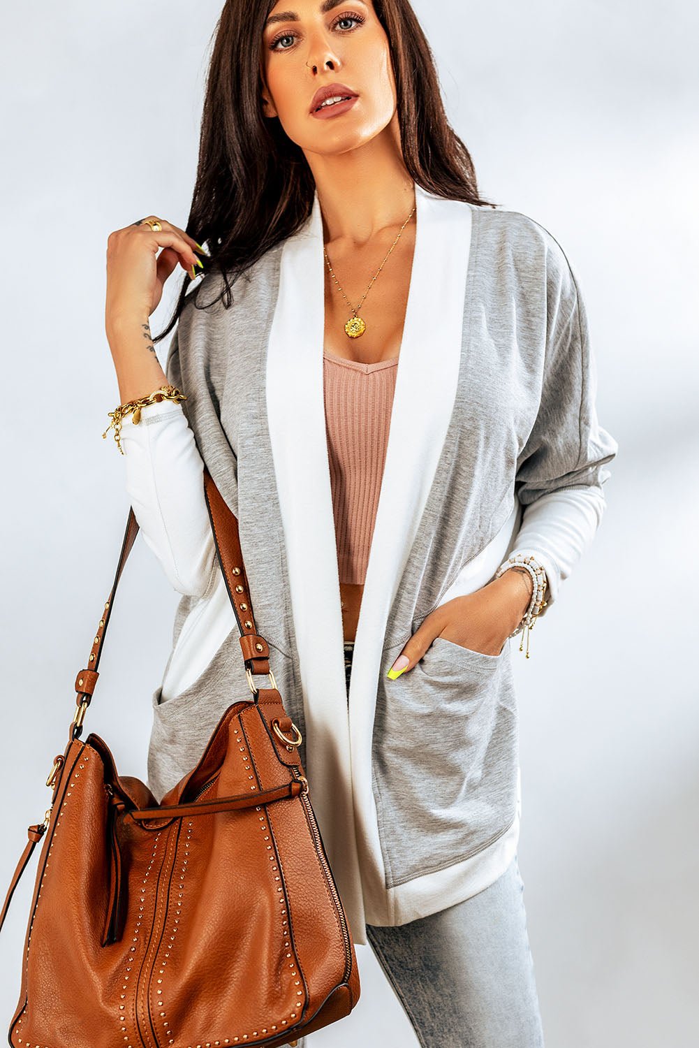 Contrast Open Front Cardigan with Pockets - DunbiBeauty, LLC