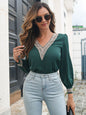 Contrast V-Neck Puff Sleeve Blouse - DunbiBeauty, LLC