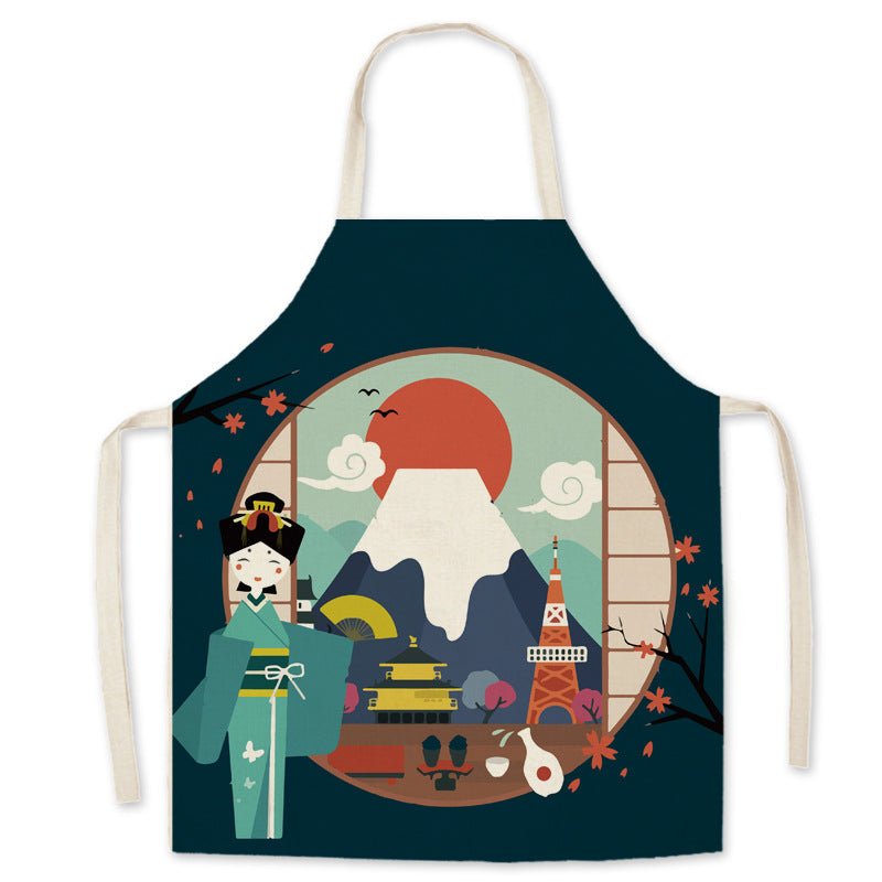 Cotton Boys Girls Apron linen apron Mount Japanese style ukiyo-e Fuji home restaurant kitchen oil-proof sleeveless smock - DunbiBeauty, LLC