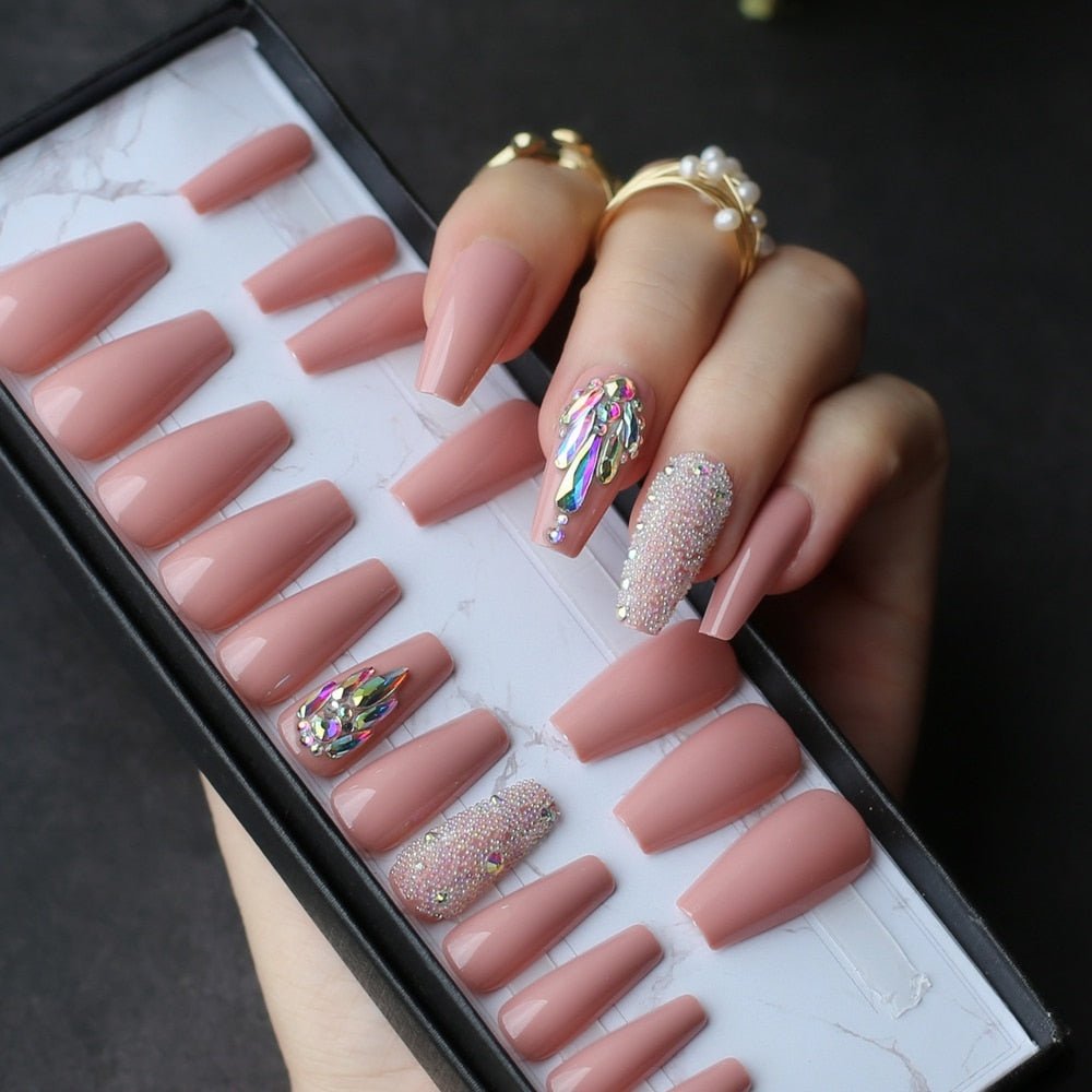 cream glossy coffin Press on nails 3D caviar reusable gel box custom crystal nails bling Microdrill glitter Ballet fasle nails - DunbiBeauty, LLC