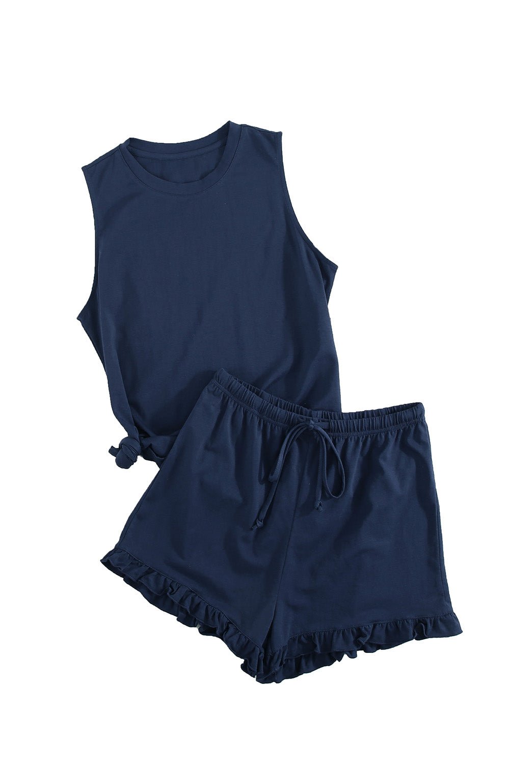 Crew Neck Tank And Drawstring Ruffled Shorts Lounge Set - DunbiBeauty, LLC