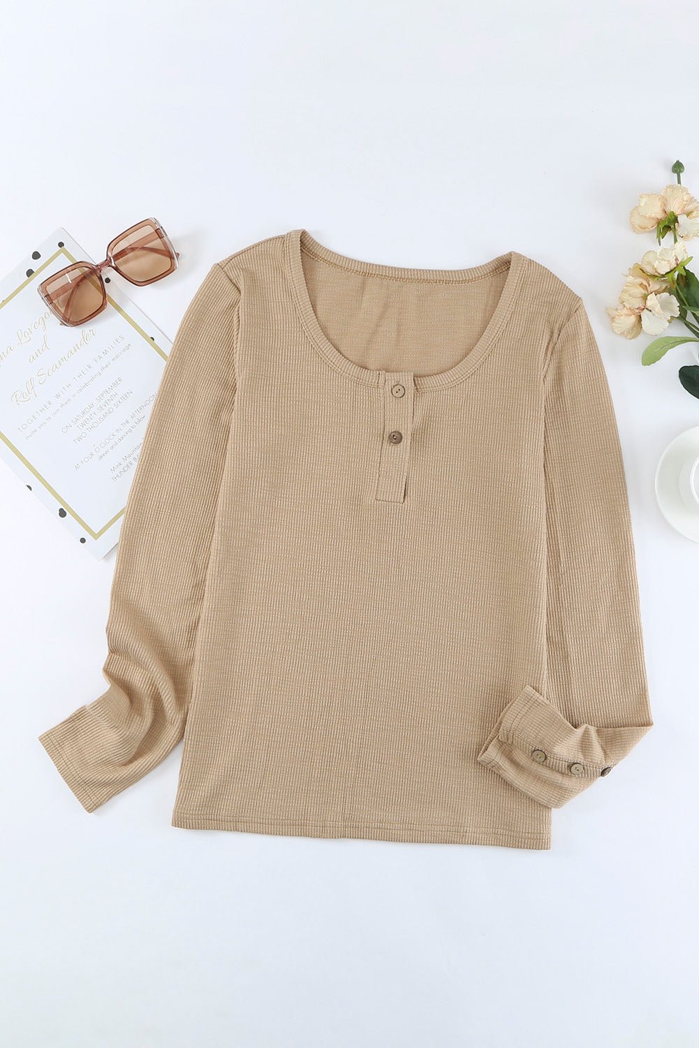 Crewneck Buttons Ribbed Knit Long Sleeve Top - DunbiBeauty, LLC