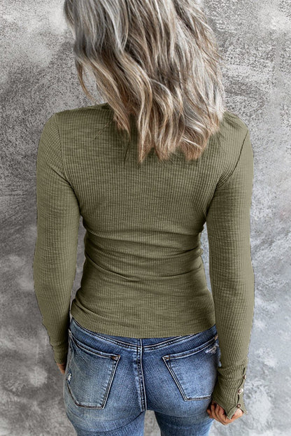 Crewneck Buttons Ribbed Knit Long Sleeve Top - DunbiBeauty, LLC