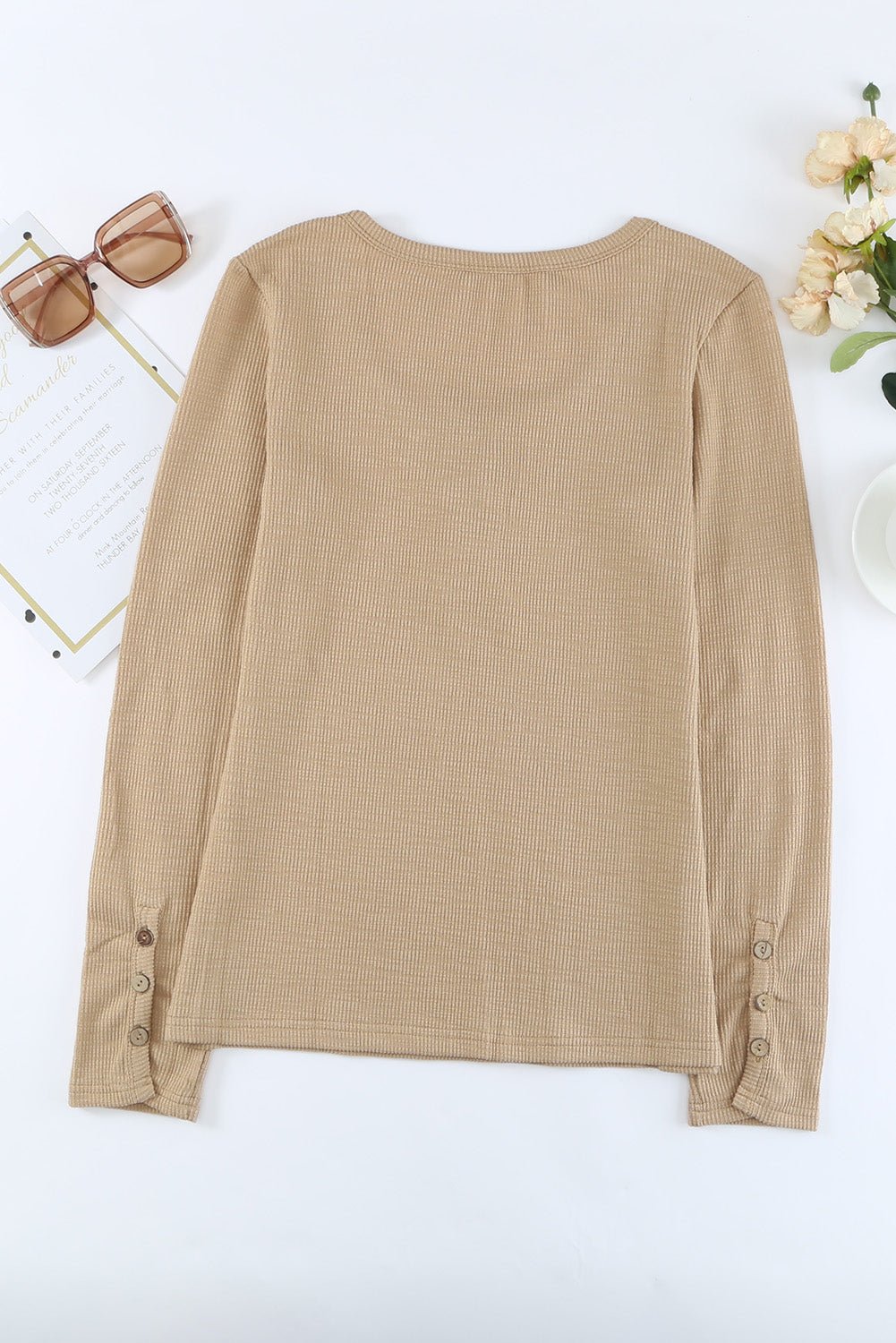 Crewneck Buttons Ribbed Knit Long Sleeve Top - DunbiBeauty, LLC