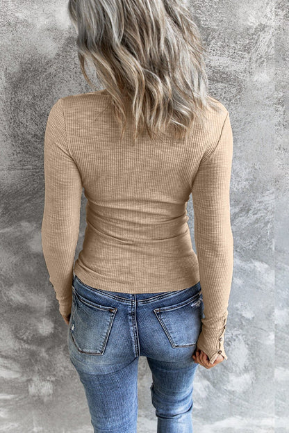 Crewneck Buttons Ribbed Knit Long Sleeve Top - DunbiBeauty, LLC