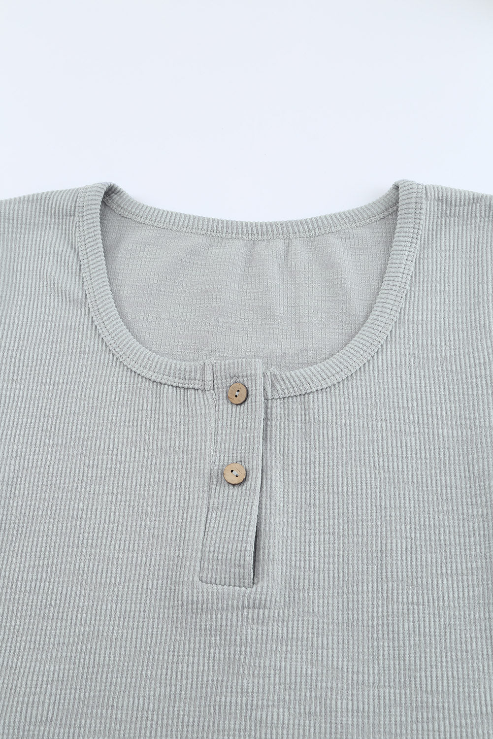 Crewneck Buttons Ribbed Knit Long Sleeve Top - DunbiBeauty, LLC