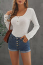 Crewneck Buttons Ribbed Knit Long Sleeve Top - DunbiBeauty, LLC