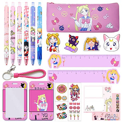 Cute Anime School Supplies Set Including Pencil Bag, Ballpoint Pens, Sticky Notes, Ruler, Broch Pins, Card Holder with Key Ring, Tattoo Stickers For Fans - DunbiBeauty, LLC