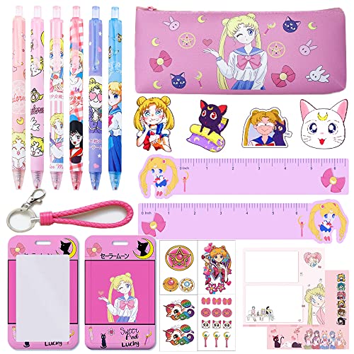 Cute Anime School Supplies Set Including Pencil Bag, Ballpoint Pens, Sticky Notes, Ruler, Broch Pins, Card Holder with Key Ring, Tattoo Stickers For Fans - DunbiBeauty, LLC