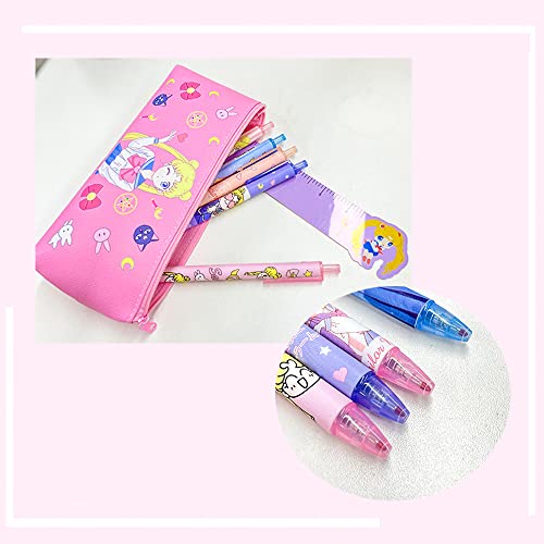 Cute Anime School Supplies Set Including Pencil Bag, Ballpoint Pens, Sticky Notes, Ruler, Broch Pins, Card Holder with Key Ring, Tattoo Stickers For Fans - DunbiBeauty, LLC