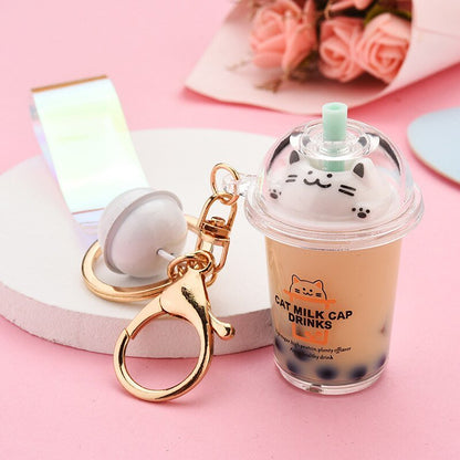 Cute Cat Pearl Milk Tea Cup Key Chain - DunbiBeauty, LLC