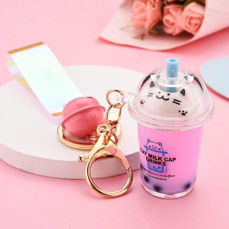 Cute Cat Pearl Milk Tea Cup Key Chain - DunbiBeauty, LLC