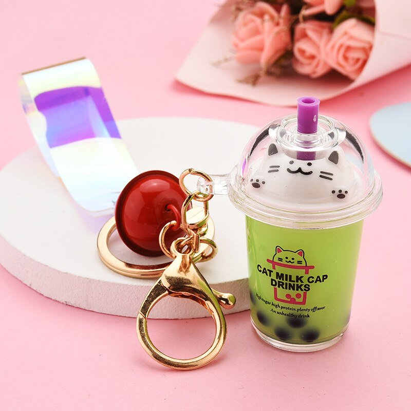 Cute Cat Pearl Milk Tea Cup Key Chain - DunbiBeauty, LLC