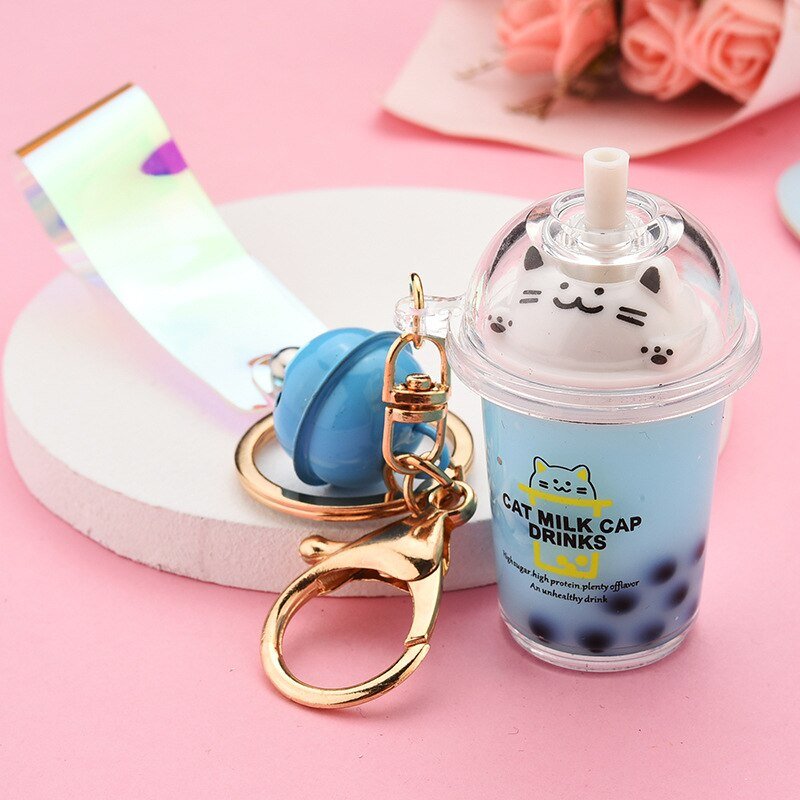 Cute Cat Pearl Milk Tea Cup Key Chain - DunbiBeauty, LLC