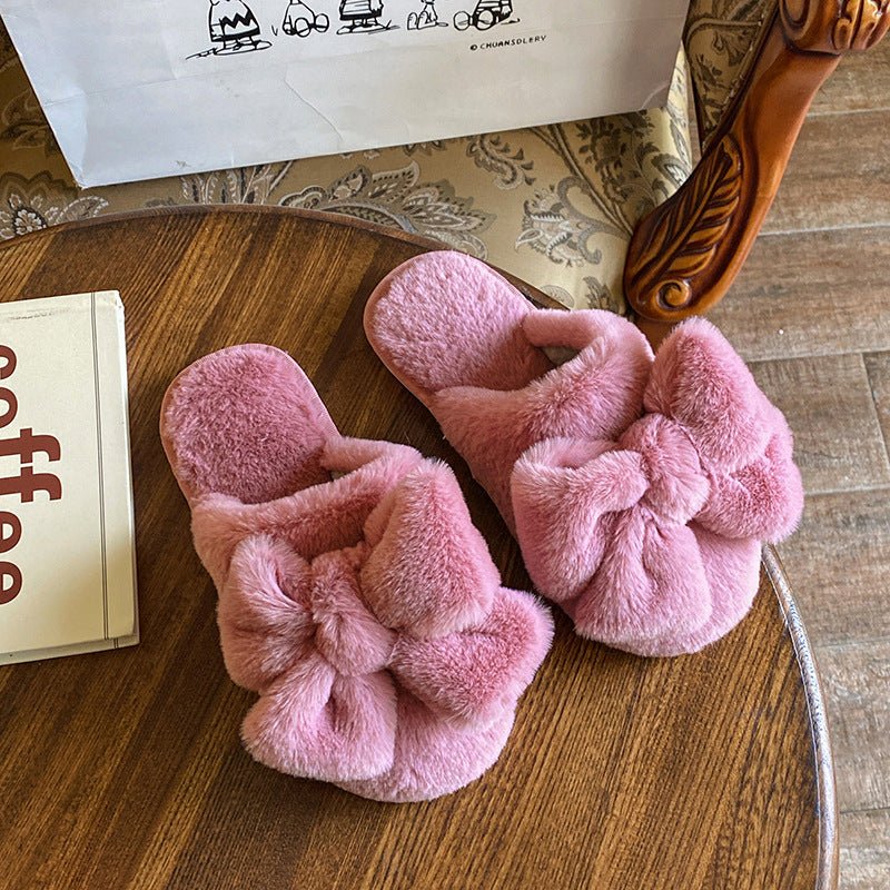 Cute Plush Slippers with Bow on Top - DunbiBeauty, LLC