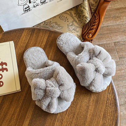 Cute Plush Slippers with Bow on Top - DunbiBeauty, LLC