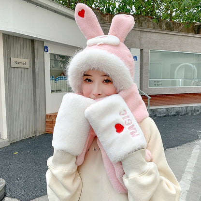 Cute Rabbit Ears Hat One Female Plush Bear Scarf Winter Warm Gloves Three-piece Set - DunbiBeauty, LLC