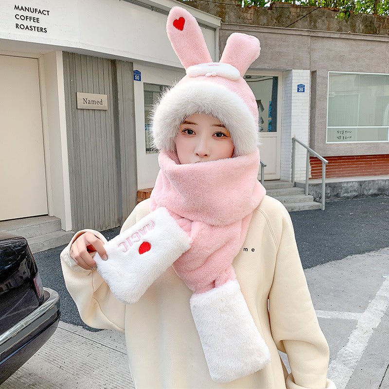 Cute Rabbit Ears Hat One Female Plush Bear Scarf Winter Warm Gloves Three-piece Set - DunbiBeauty, LLC