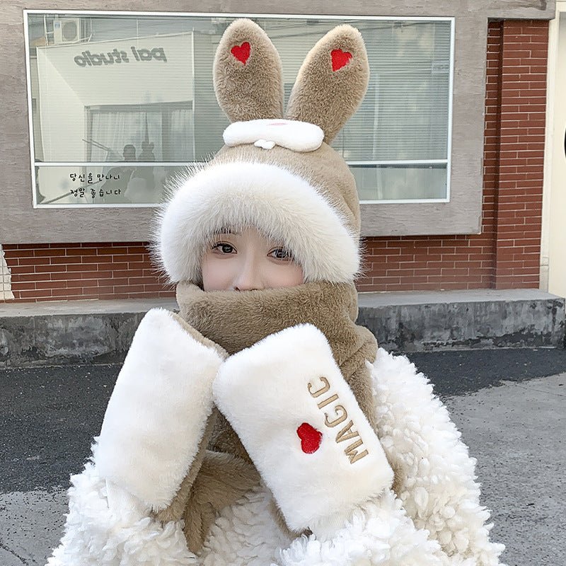 Cute Rabbit Ears Hat One Female Plush Bear Scarf Winter Warm Gloves Three-piece Set - DunbiBeauty, LLC