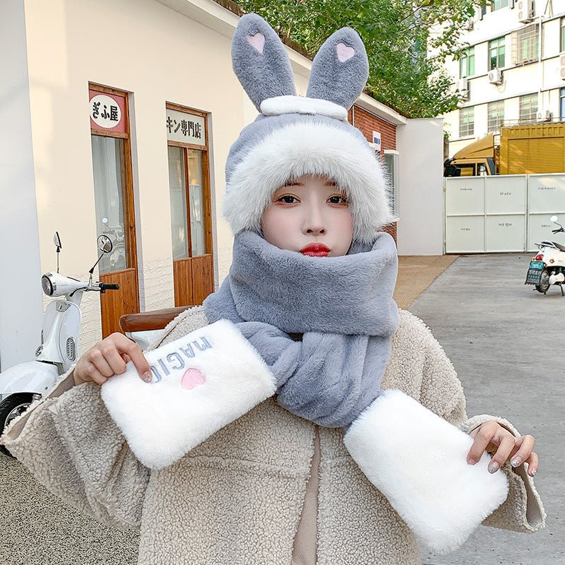 Cute Rabbit Ears Hat One Female Plush Bear Scarf Winter Warm Gloves Three-piece Set - DunbiBeauty, LLC