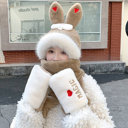 Cute Rabbit Ears Hat One Female Plush Bear Scarf Winter Warm Gloves Three-piece Set - DunbiBeauty, LLC