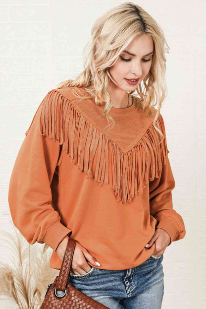 Fringe Trim Round Neck Sweatshirt