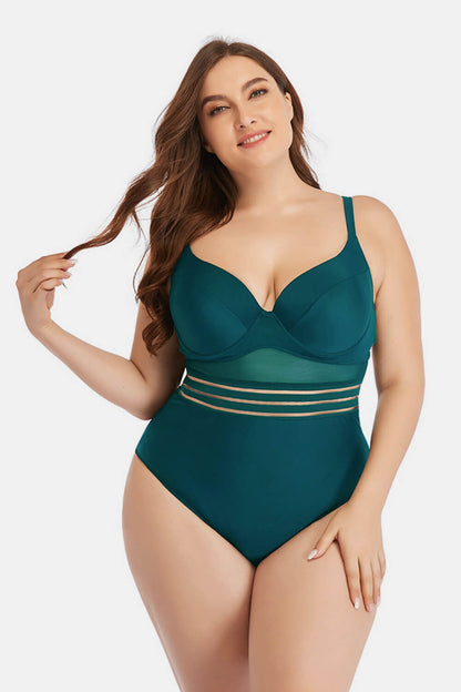 Plus Size Spliced Mesh Tie-Back One-Piece Swimsuit Trendsi