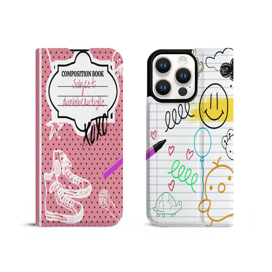 Phone14 Flip Phone Case (Triple Camera)｜ PU -Back to School, Composition Notebook Style, Doodles, Scribbles, Writing, Girl, Pink (Designed by Dunbi)