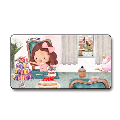 Black Lock Edge Mouse Pad (16×30inch)｜Polyester -Tea Party, Happy, Cute, Cake, Macarons, Cupcake, Tea, Snacks, Party, Bow, Parfait, Dessert (Designed by Dunbi)