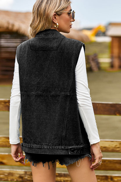 Sleeveless Collared Neck Denim Top with Pockets