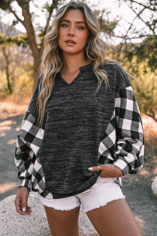 Plaid Notched Neck Top