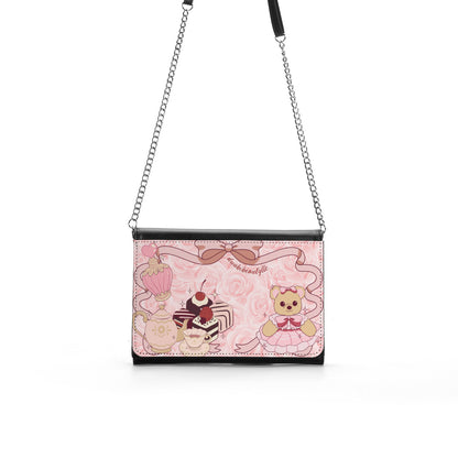 Women's Multifunctional Satchel｜ PU Cute Teddy Bear, Tea Party, Ribbon, Bows, Cakes, Cute, Victorian, Doll, Cute Girl, Pink Style 2, Roses (Designed by Dunbi)