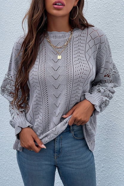 Spliced Lace Crochet Sleeve Sweater Trendsi