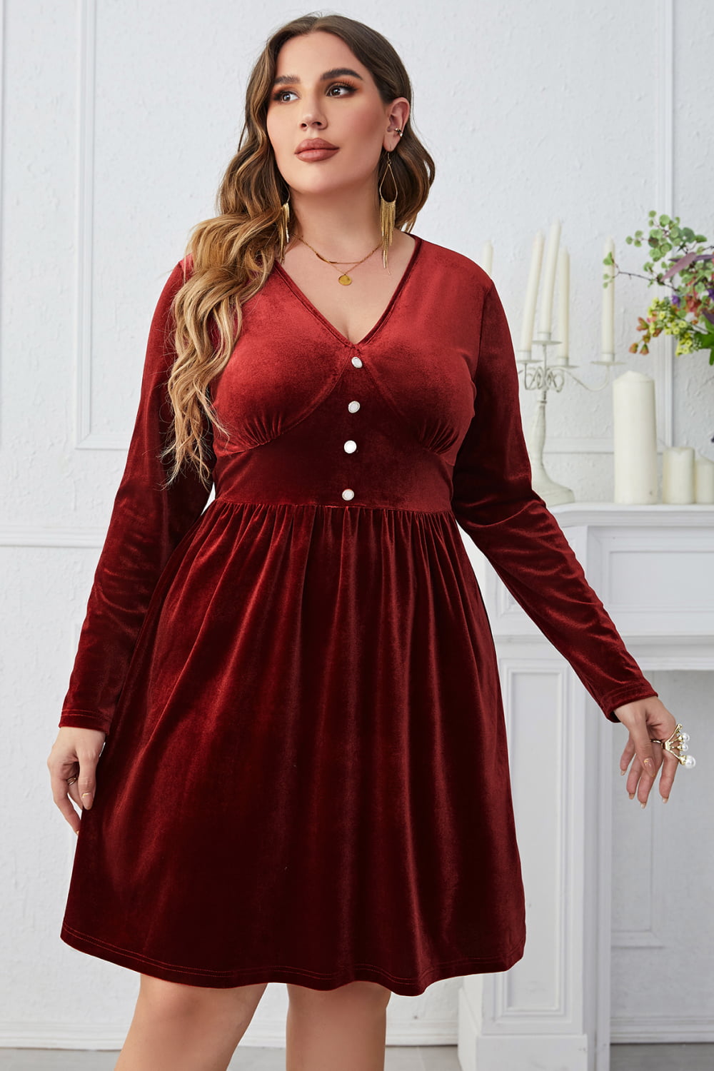 Plus Size V-Neck Decorative Button Knee Length Dress