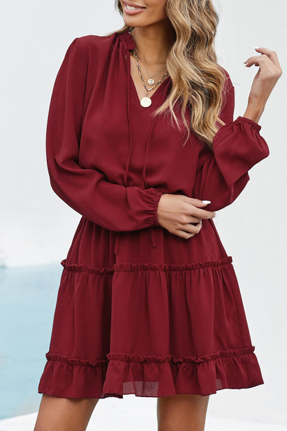 V Neck Long Sleeve Ruffle Tiered Mini Dress Kiwidrop