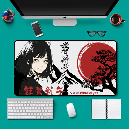 Black Lock Edge Mouse Pad (16×30inch)｜Polyester - Japan, Japanese, Red, Samurai, Pretty Girl, Tiger, Kanji, Mountains (Designed by Dunbi)