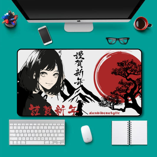 Black Lock Edge Mouse Pad (16×30inch)｜Polyester - Japan, Japanese, Red, Samurai, Pretty Girl, Tiger, Kanji, Mountains (Designed by Dunbi)