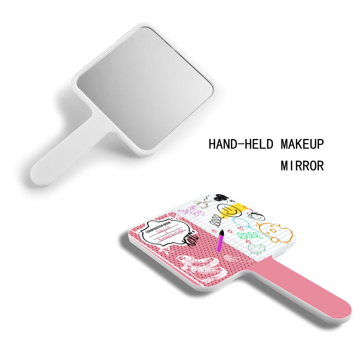 Handle Square Mirror｜Rubber -Back to School, Composition Notebook Style, Doodles, Scribbles, Writing, Girl, Pink (Designed by Dunbi)